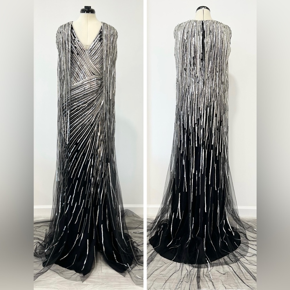 Pamella Roland Sequined Tulle Cape Gown Long Dress - Picture 6 of 16